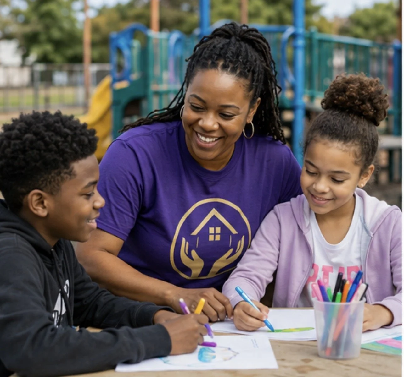 A woman smiling and two children drawing at a table outdoors, with playground equipment in the background.