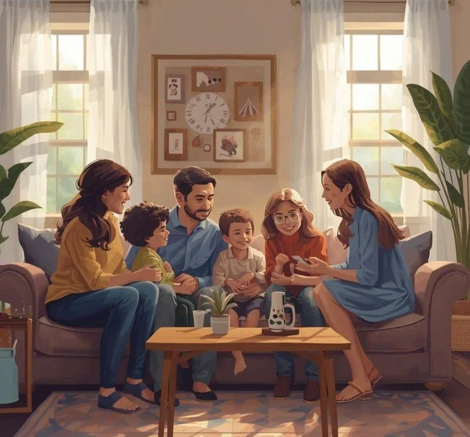 Family sitting on a sofa in a living room, engaging with a woman showing something on her phone, during daytime with sunlight coming through windows.