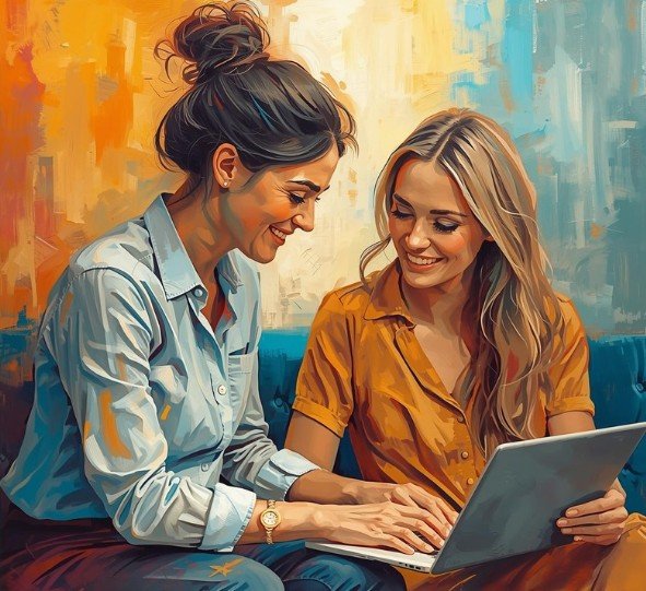 Two women sitting together, smiling and looking at a laptop screen, in a colorful abstract background.