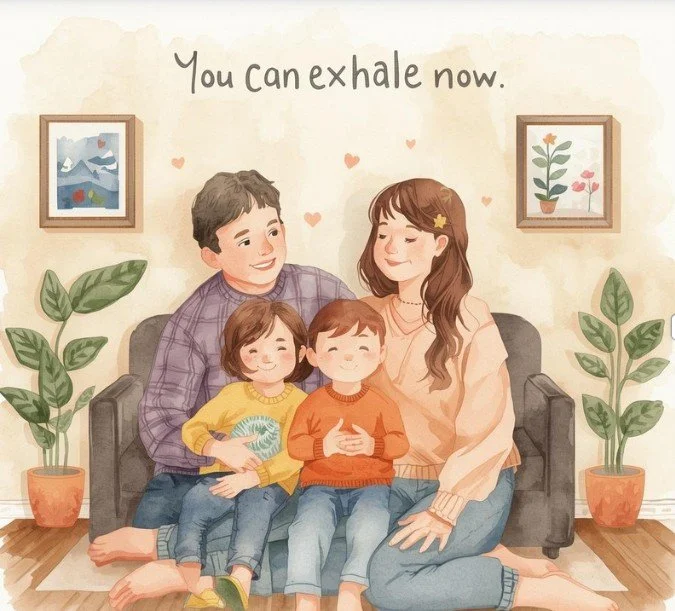 A family of four sitting on a couch, smiling and relaxing in their living room with potted plants and framed artwork. The text says, 'You can exhale now.'