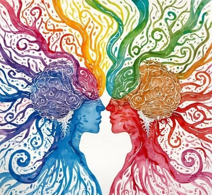 Artwork featuring two human profiles facing each other, with colorful tree branches extending from their heads, symbolizing connection and creativity.