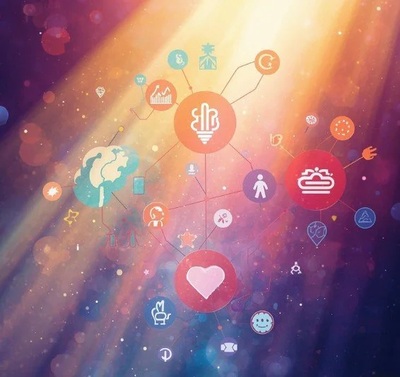 A colorful digital illustration depicting interconnected icons representing ideas like innovation, health, wellness, and communication, with a bright, cosmic background and rays of light shining down.