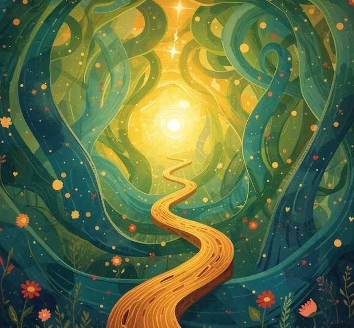 A vibrant, stylized digital illustration of a winding yellow path through a lush, green forest with swirling trees and glowing light at the end.
