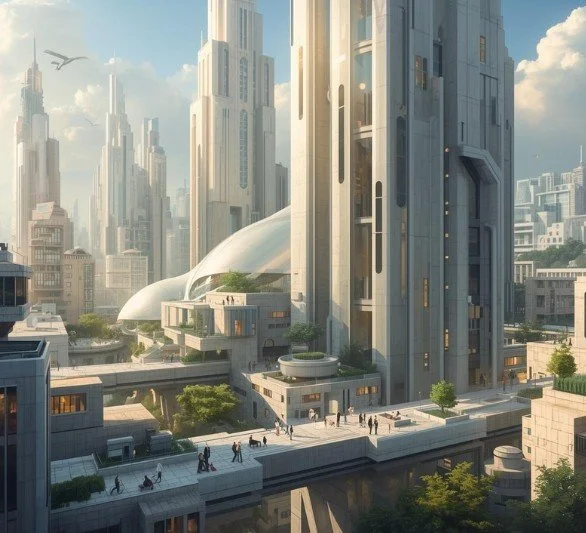 Futuristic cityscape with tall, sleek skyscrapers and a large, curved building in the foreground. Pedestrians walk along a bridge, with some greenery and trees visible below.
