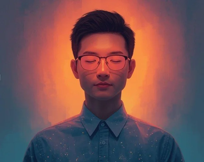 Young man with glasses and closed eyes, standing against a colorful glowing background