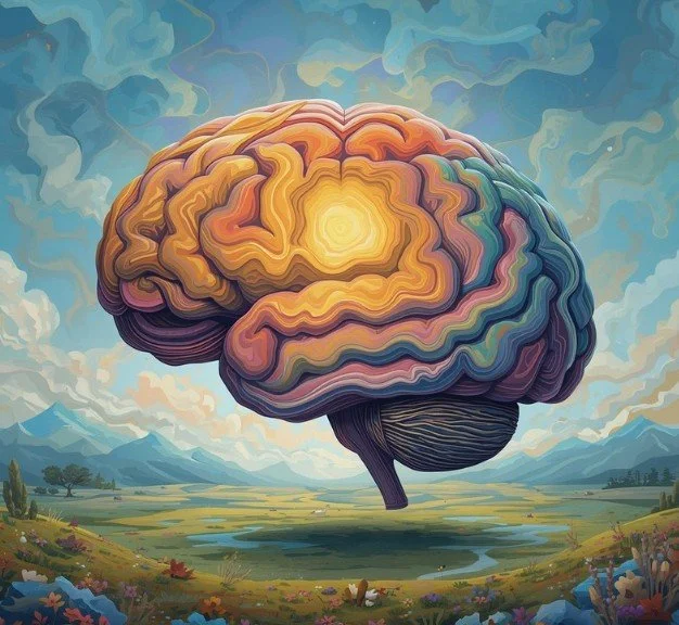 A surreal illustration of a large brain floating above a landscape with mountains and a river, with bright, vivid colors and a glowing center.
