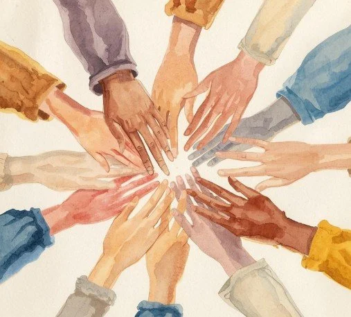 Multiple hands reaching toward the center in a circle, symbolizing unity and teamwork.