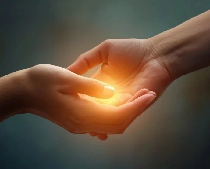 Two hands gently holding each other, with a warm glow emanating from between them.