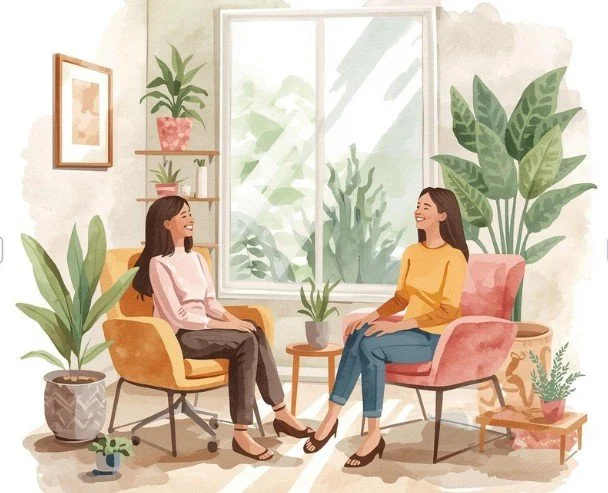 Two women sitting and chatting in a cozy, plant-filled living room with sunlight streaming through the window.