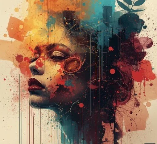 Abstract digital art of a woman's face with colorful paint splashes and overlay effects.