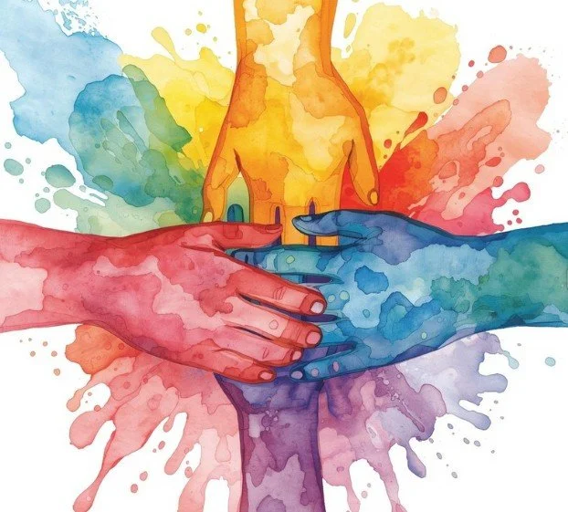 Four hands painted in different colors (red, blue, purple, and orange) holding and supporting each other, with a watercolor background in various colors.