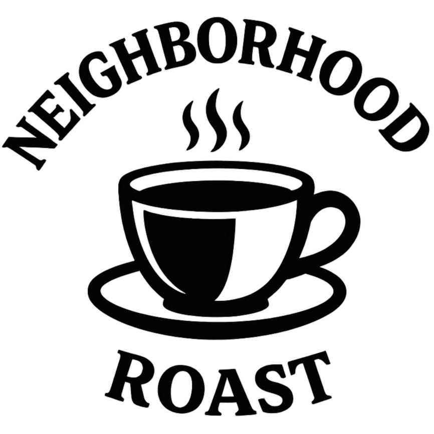 A black background with white outlines of a steaming coffee cup on a saucer, surrounded by the text "Neighborhood Roast" in a curved, bold font.
