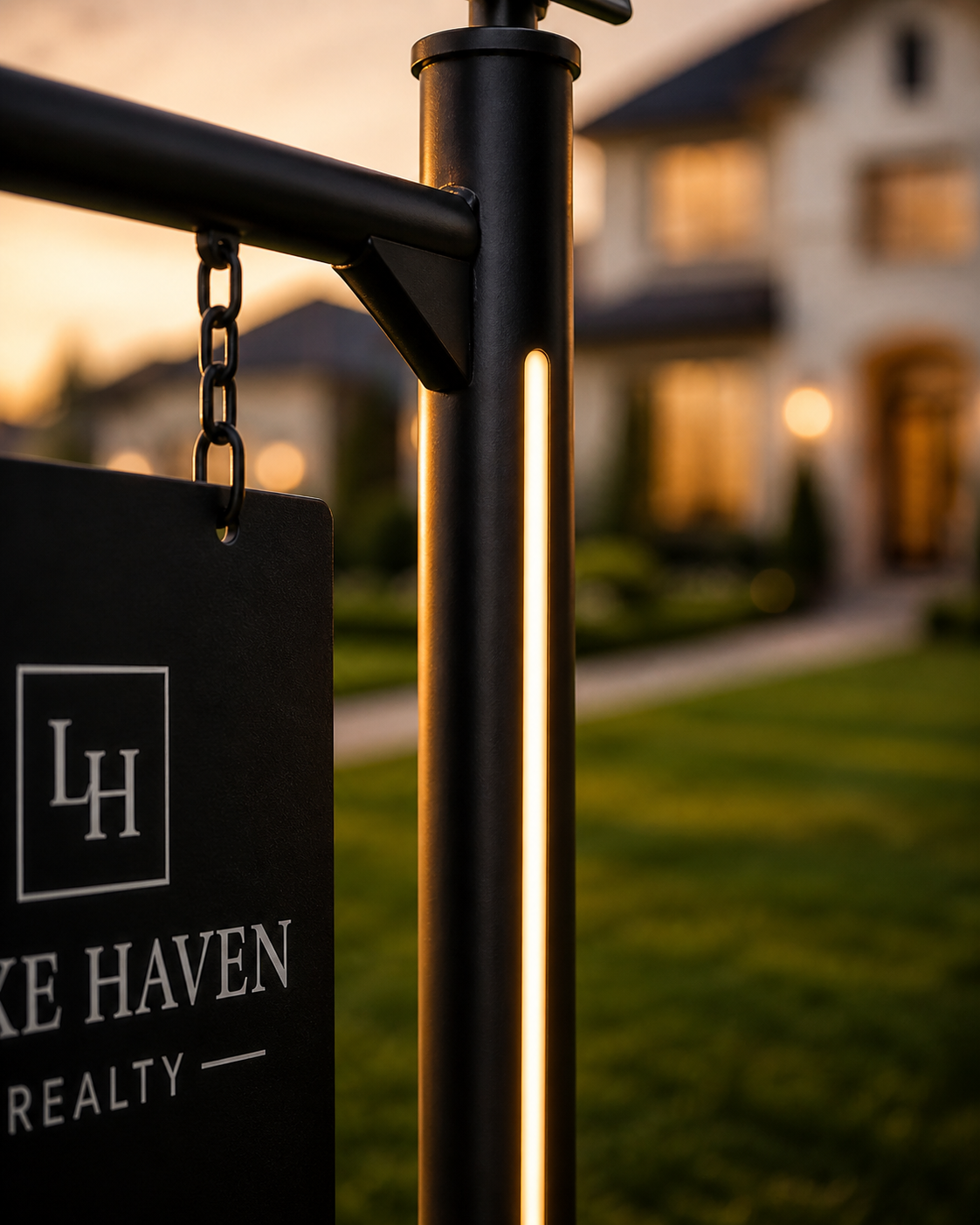 Close-up of a Synepost-installed real estate signpost at sunset.