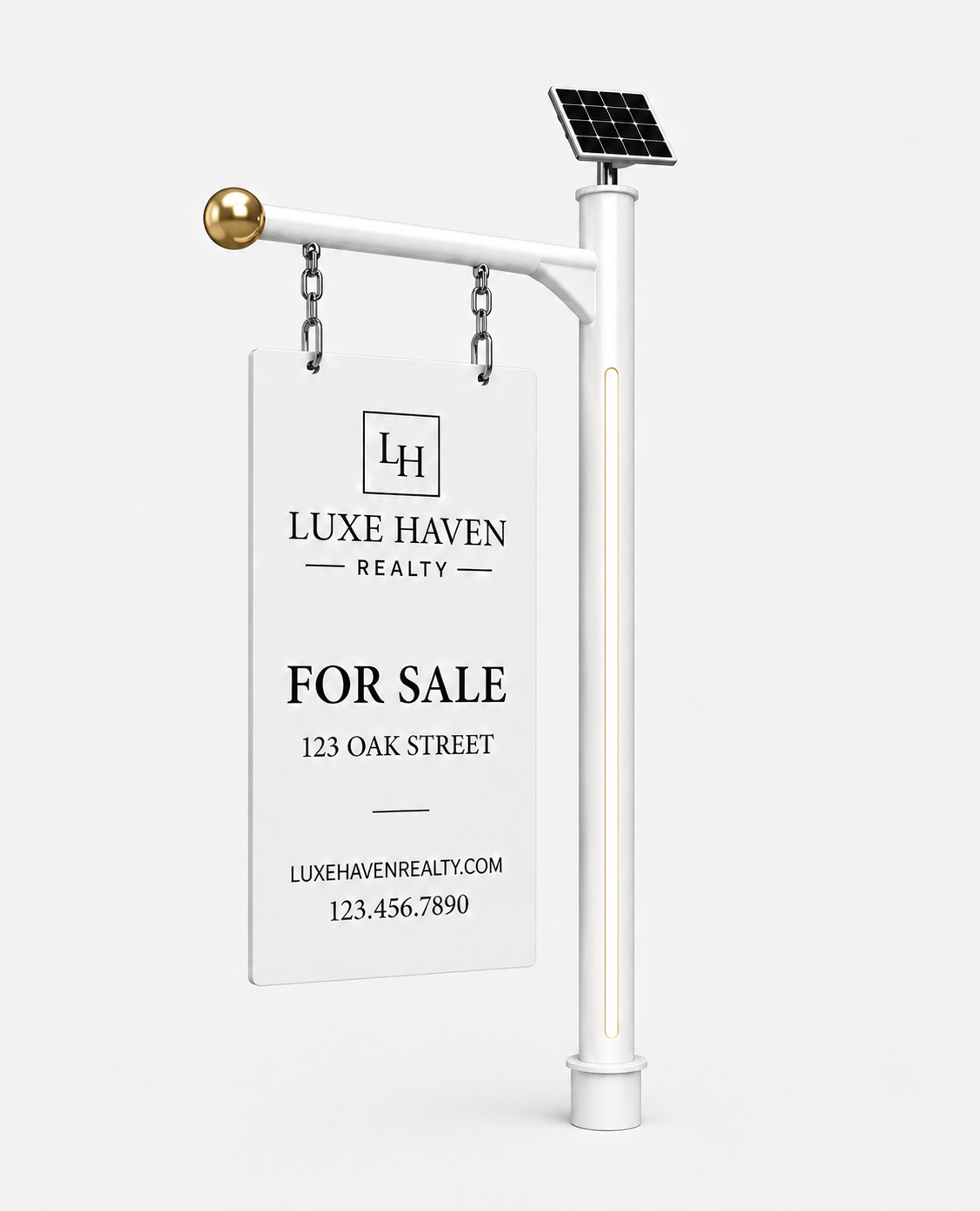 Premium white signpost created by Synepost with a custom Luxe Haven Realty For Sale panel.