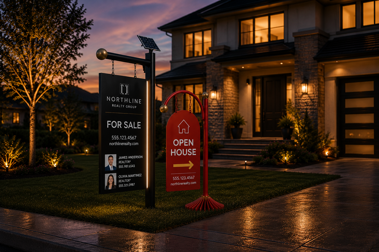 Custom Open House directional sign installed in a neighborhood.