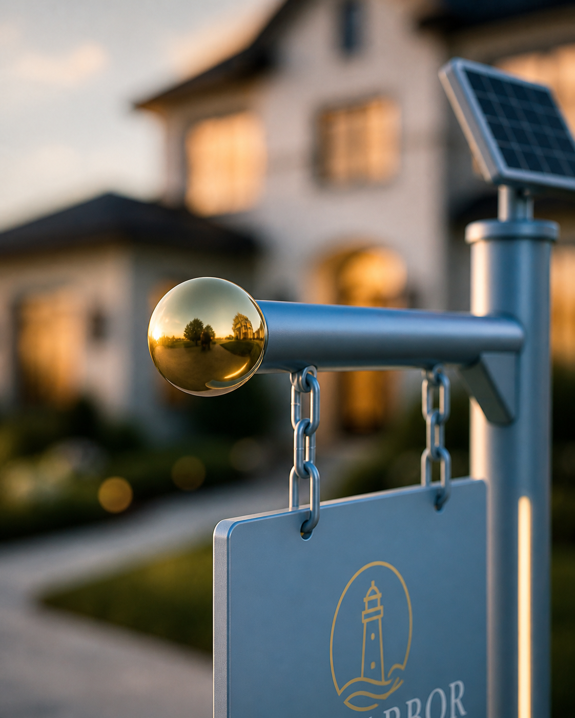 Close-up of a Synepost-installed custom real estate signpost