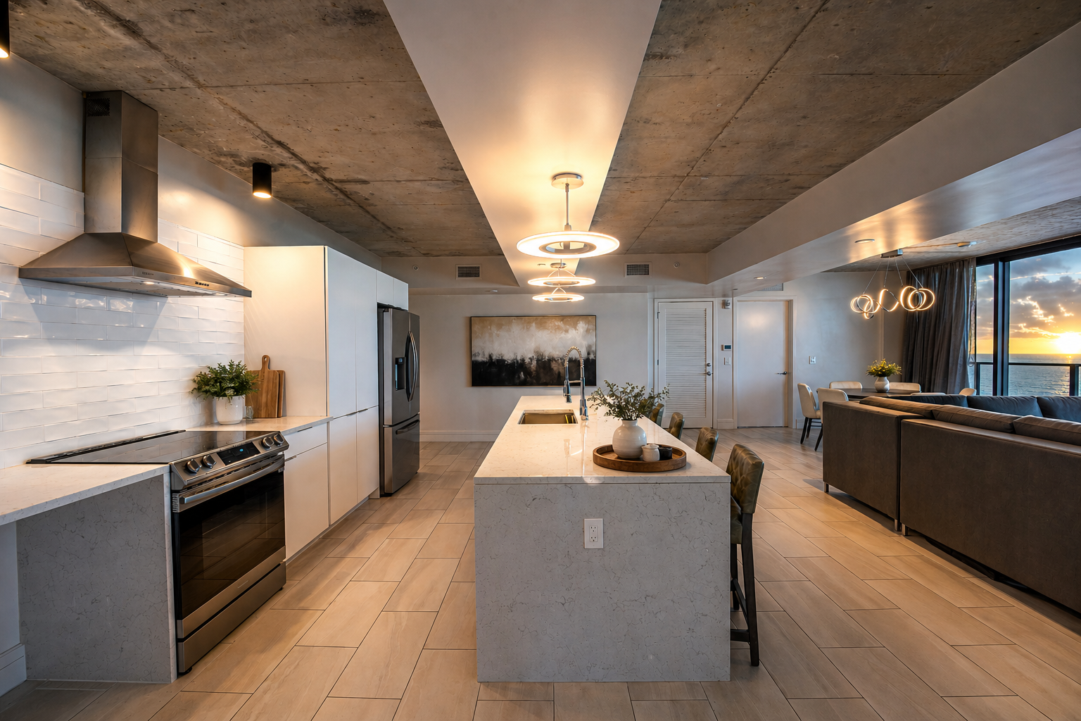 Modern open-concept kitchen and living room with a large island, stainless steel appliances, contemporary lighting fixtures, and sunset view through floor-to-ceiling windows.