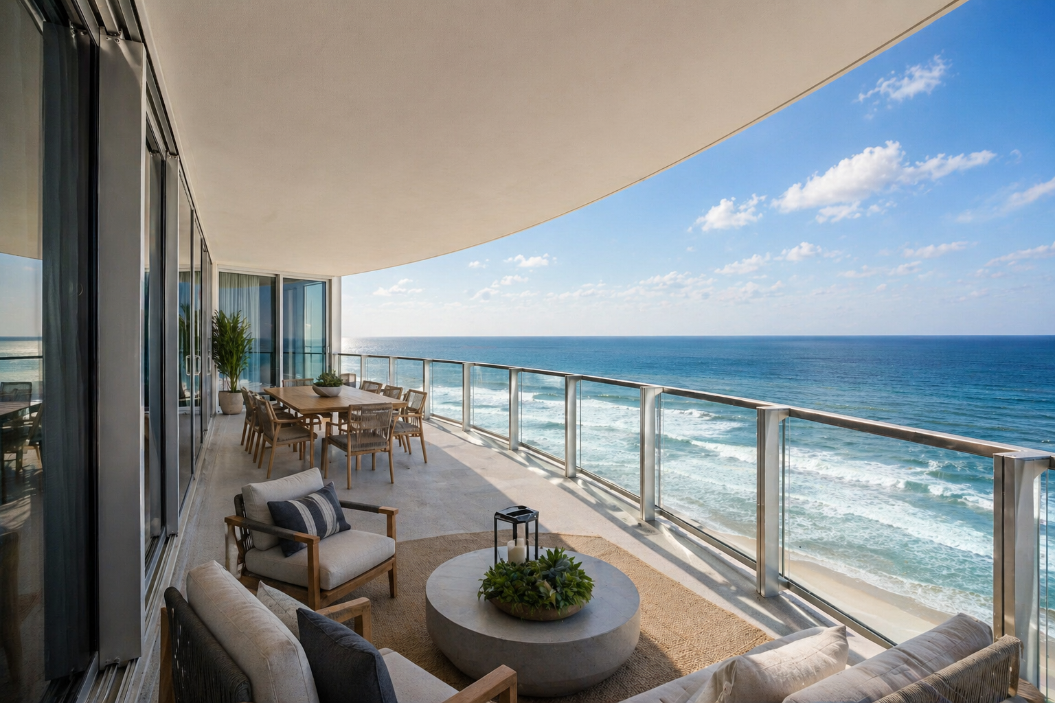 Balcony with outdoor furniture overlooking the ocean with clear blue sky and some clouds.