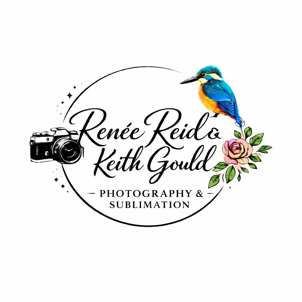 A logo for Renée Reid & Keith Gould Photography & Sublimation featuring a black camera icon on the left, a colorful blue and orange bird perched on a pink flower with green leaves on the right, and stylized text in the center.