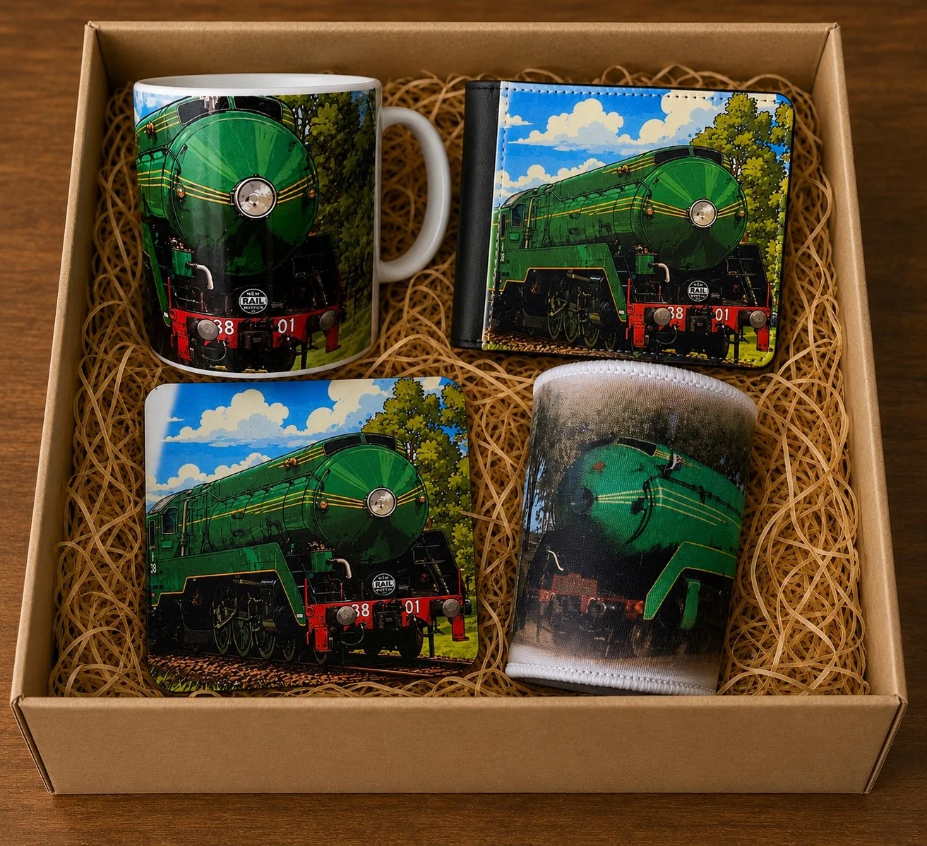 A gift box containing four items: one  coffee mug, 1 wallet and one coaster and stubby holder, all featuring a 3801 train