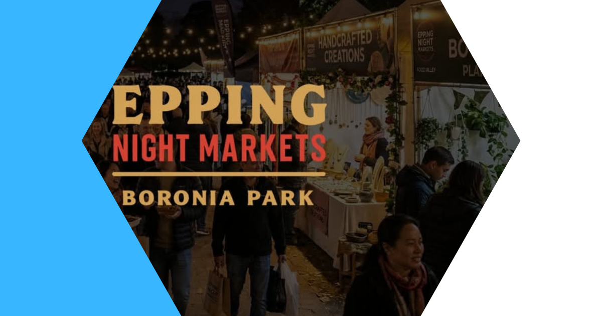 Event poster for a night market in Boronia Park on May 29, 2026, with background of people at night market stalls, string lights, and vendor signs.