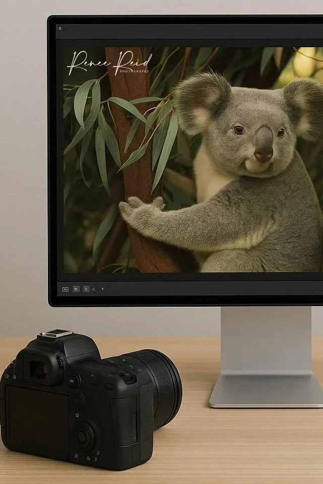 A computer monitor displaying a photo of a koala bear with a background of eucalyptus leaves, and a camera placed on a wooden desk in front of the monitor.