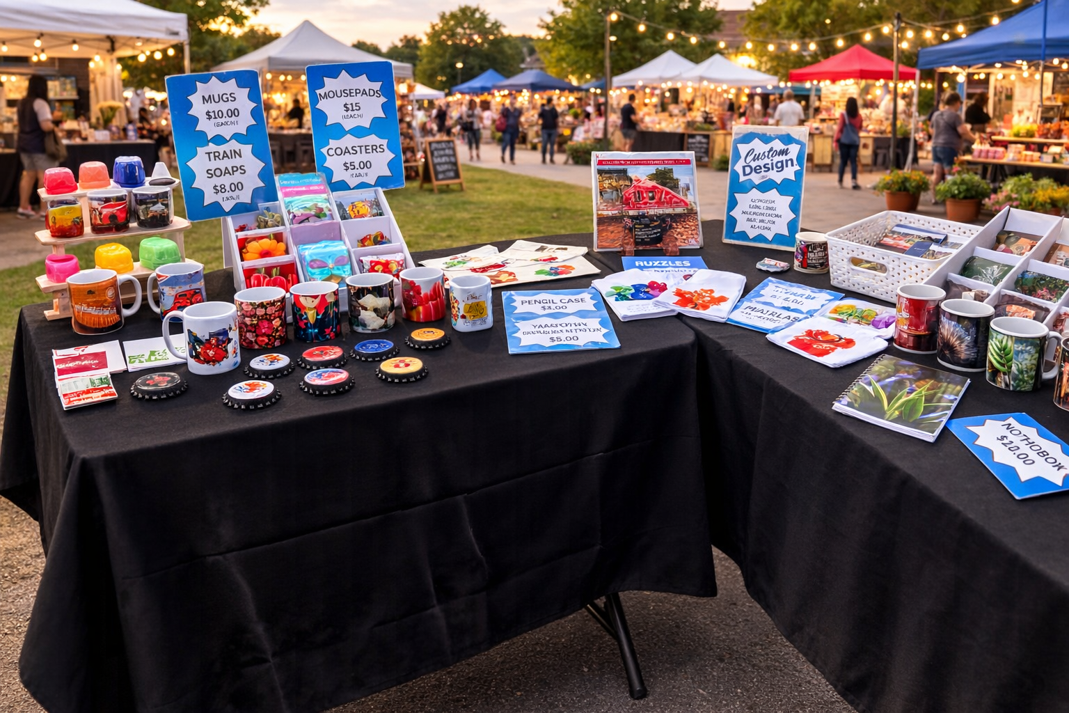 Outdoor market stall selling personalized mugs, coasters, animal-themed dish towels, and other craft items during the evening, with string lights and other vendor tents in the background.