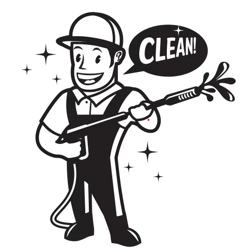 Cartoon of a smiling person with a cap, holding a pressure washer gun and spraying water, with a speech bubble saying 'CLEAN!'