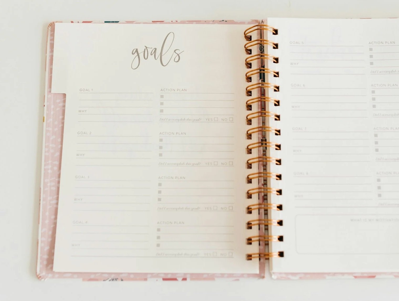 Open planner with pages titled 'Goals' and sections for listing goals, reasons, action plans, and checkboxes, on a white surface.