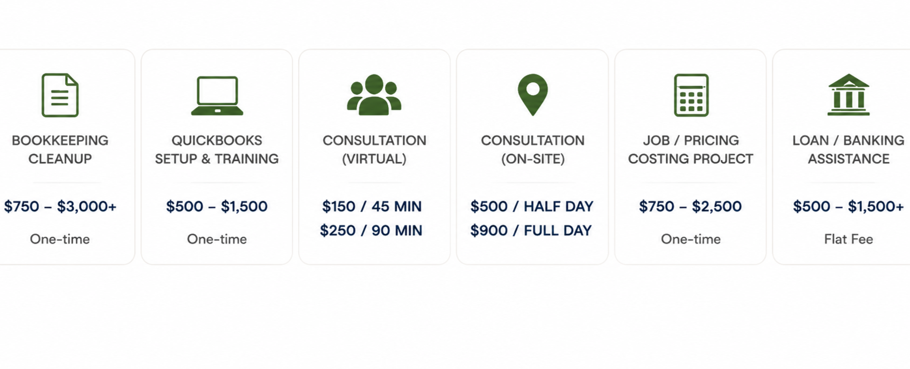Pricing options for bookkeeping and consulting services presented in a horizontal list, including icons and costs for cleanup, QuickBooks setup, virtual and on-site consultations, project pricing, and banking assistance.
