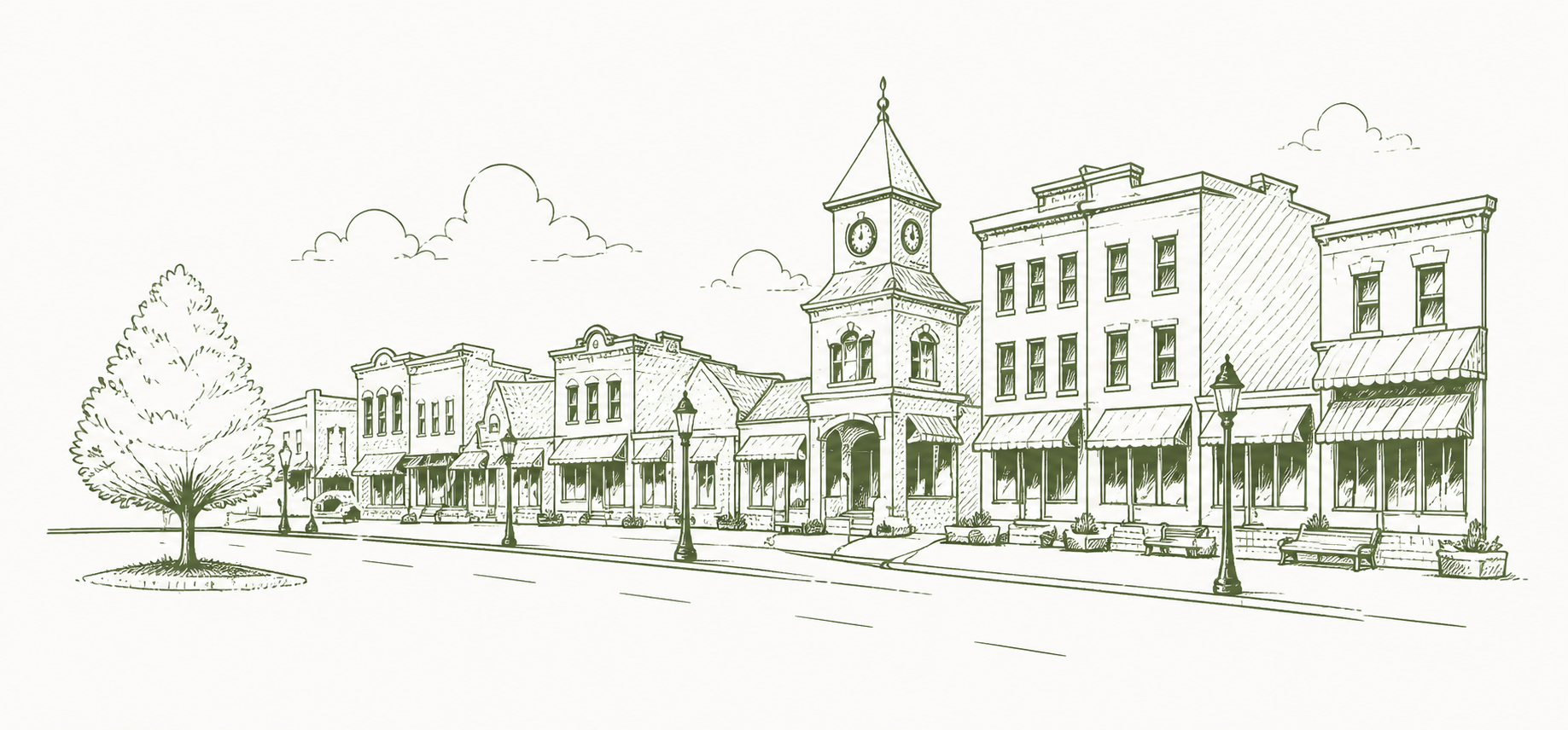 A black and white sketch of a small town street with historic buildings, a clock tower, benches, street lamps, a tree, and a few clouds in the sky.