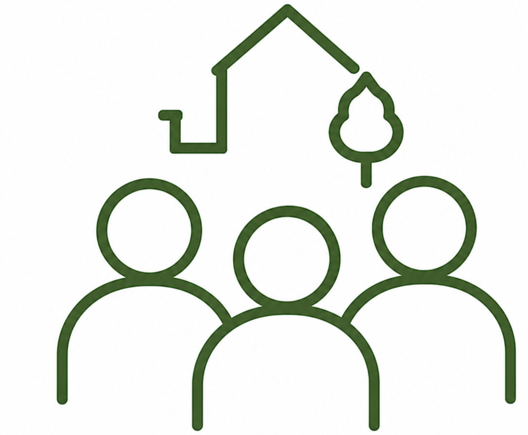Outline of three people with a house, a leaf, and a water droplet above them.