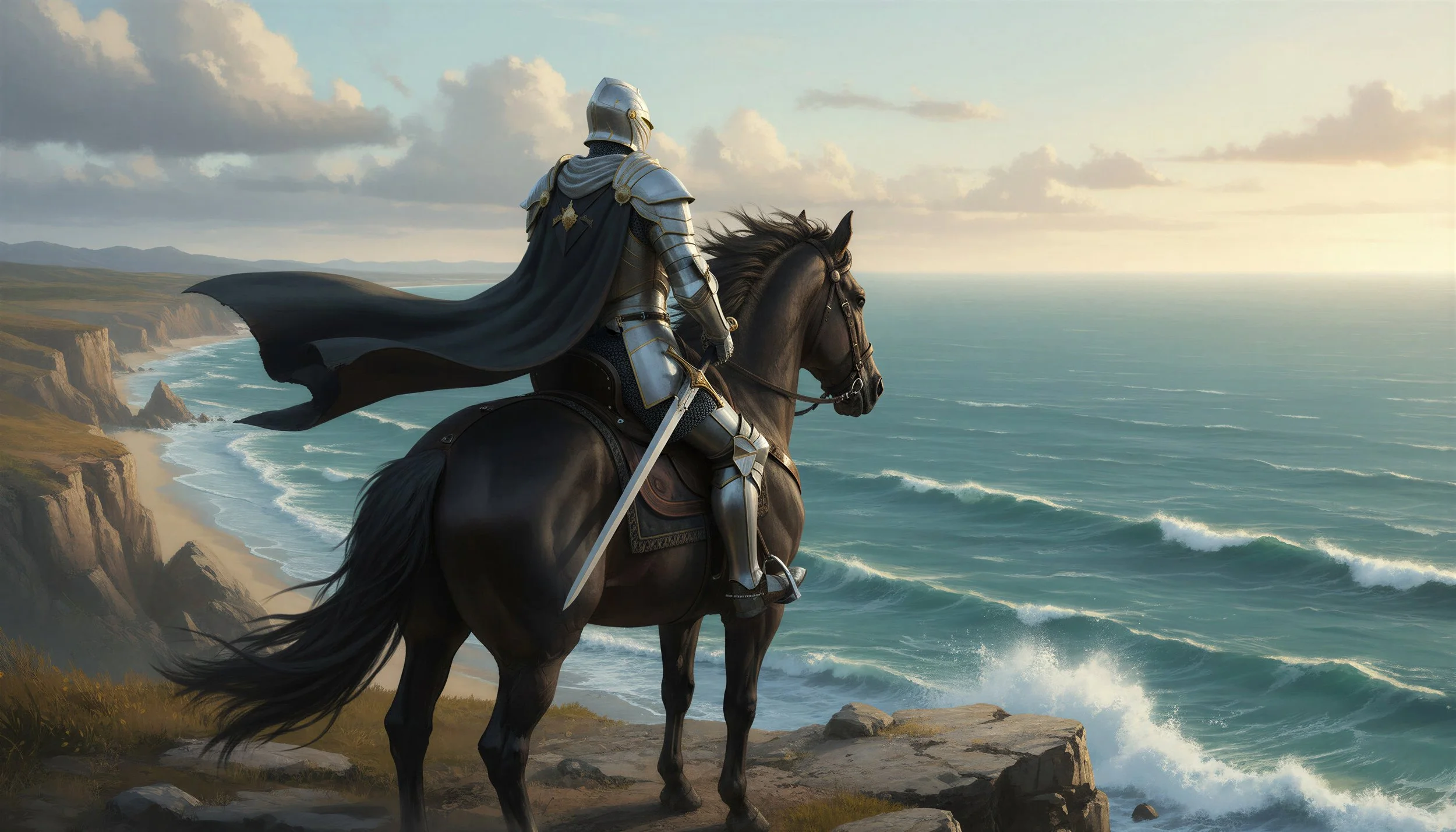A knight in shining armor riding a black horse along a coastal cliff at sunset with ocean waves below and cloudy sky.