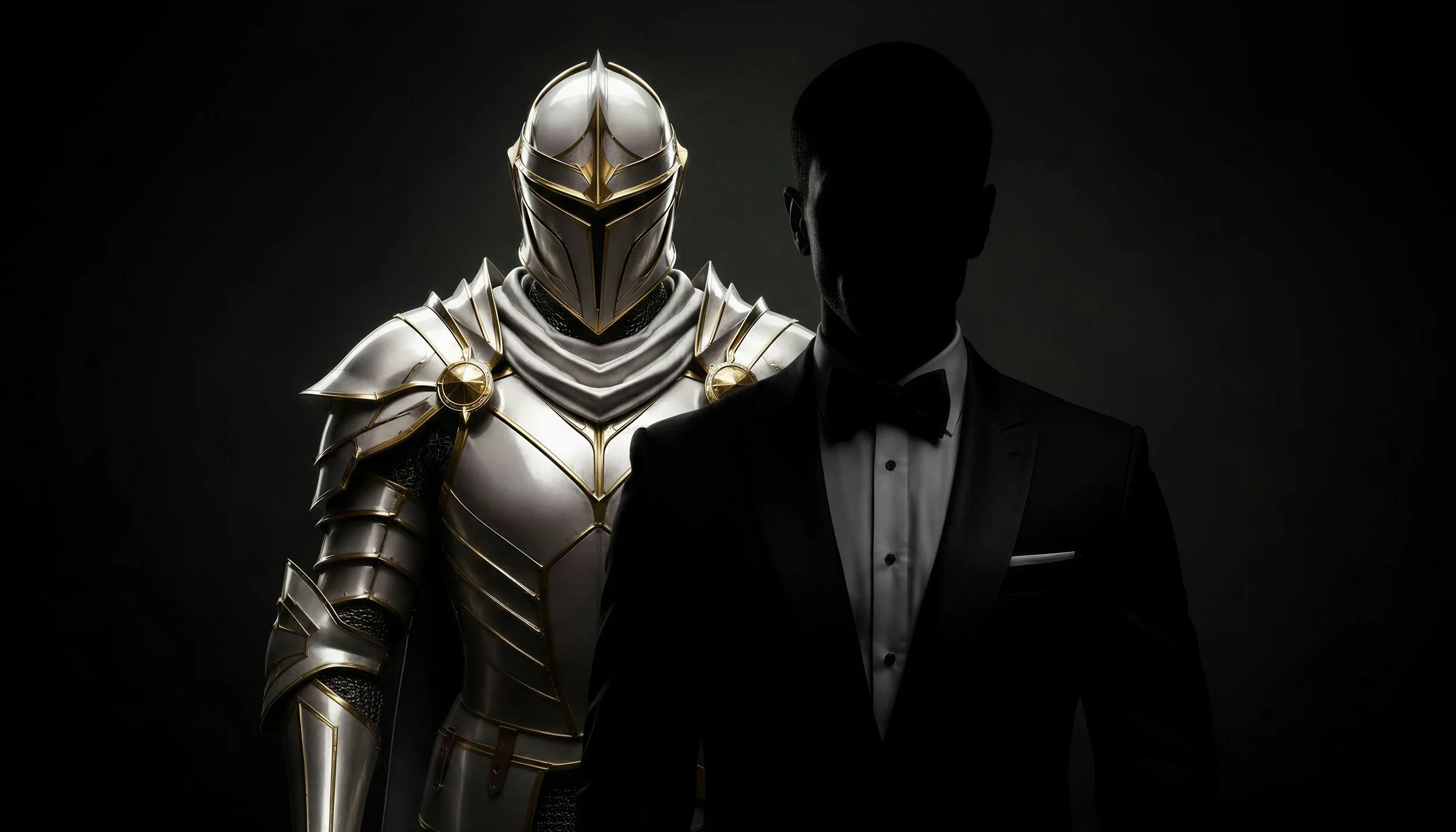 A man in a tuxedo stands beside a futuristic, armored suit with a helmet and detailed armor, both set against a dark background.