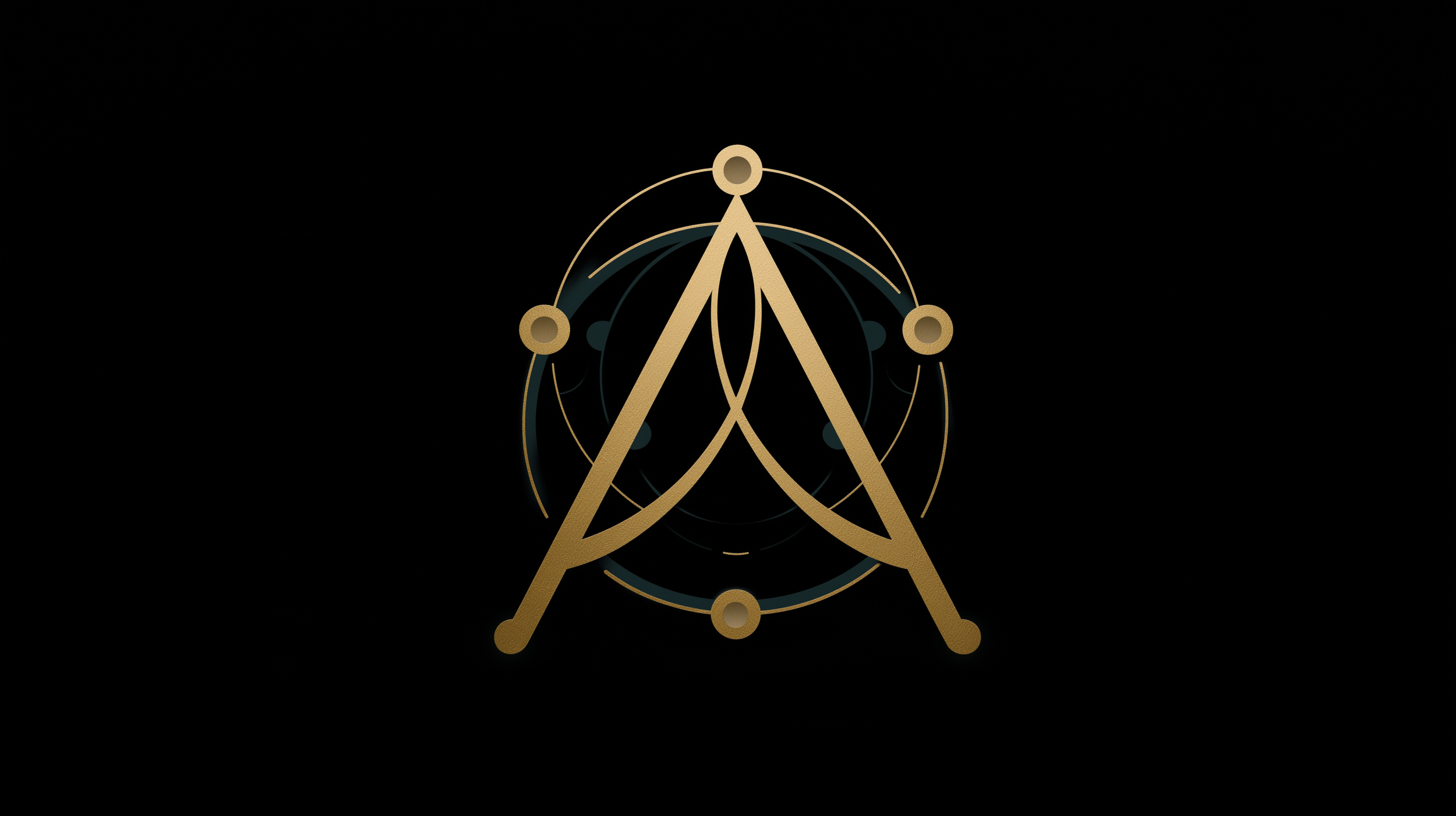Golden geometric symbol on a black background, resembling a stylized compass or mystical design with circular and triangular elements.