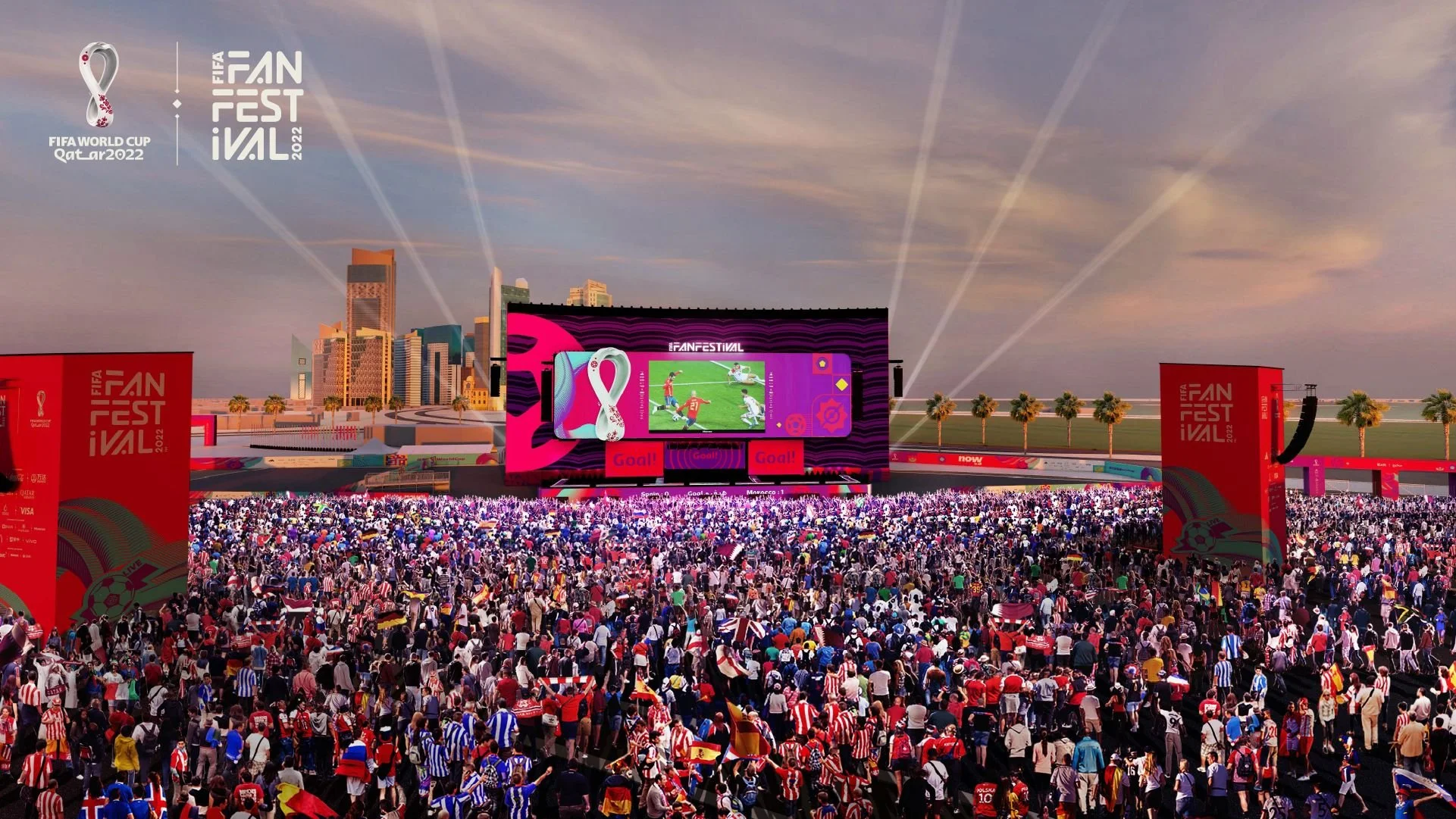 Crowd of spectators at the FIFA World Cup Qatar 2022 Fan Festival, with a large screen displaying a soccer match and the words "Goal!" on digital banners. The festival is set against a city skyline with skyscrapers and a sky with clouds.