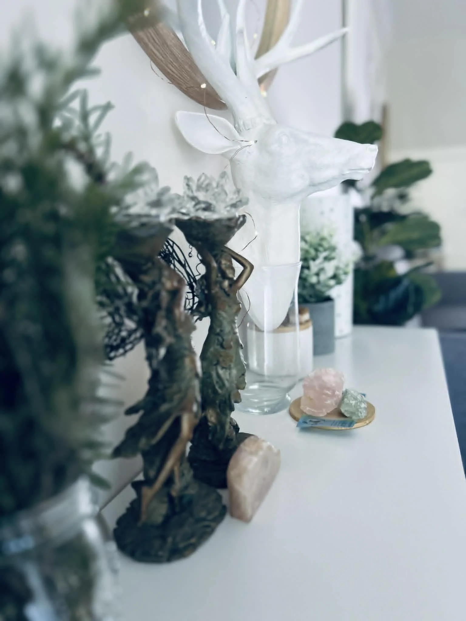 Crystals and tarot reading space at Cinder & Sage Tarot