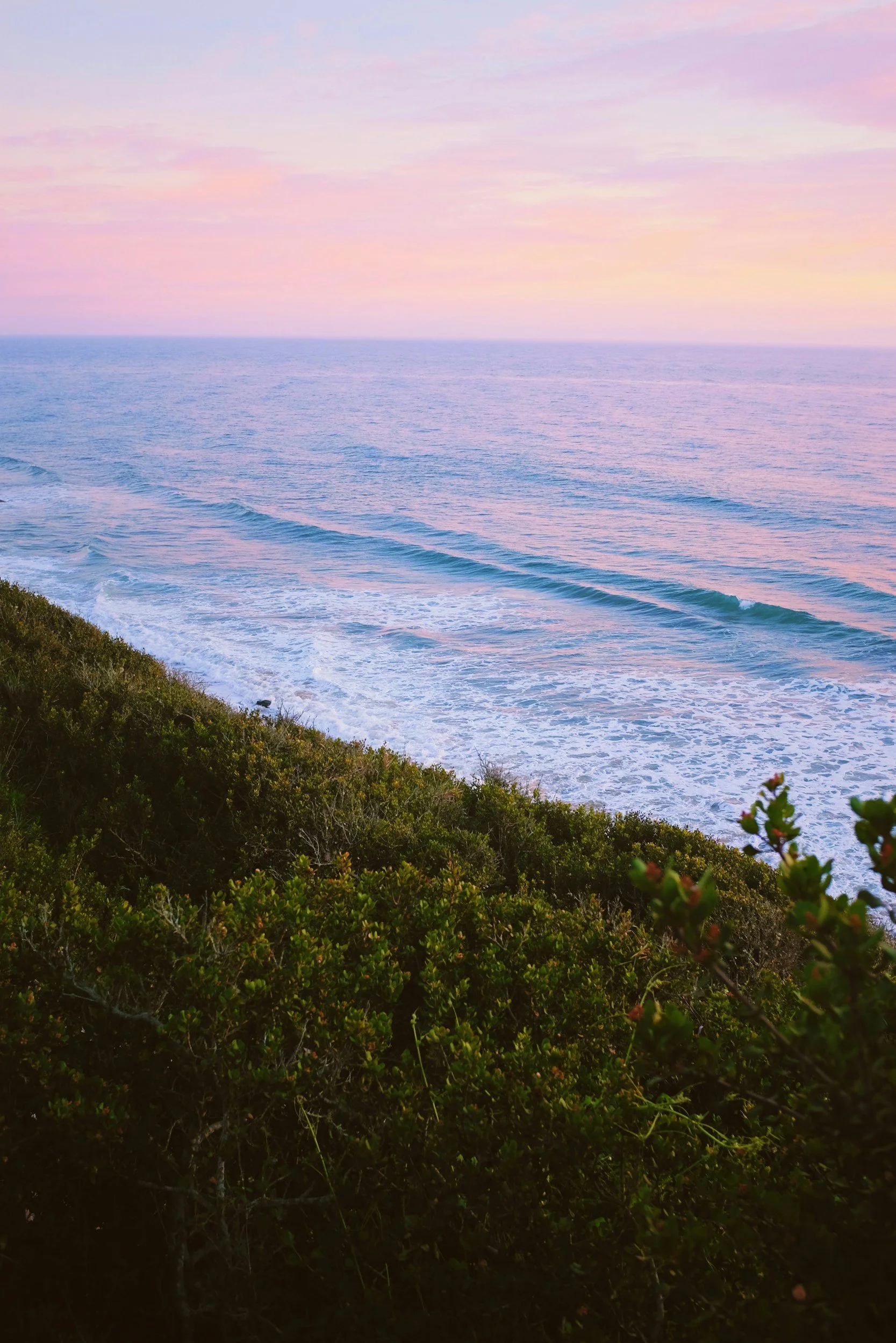 Ocean waves near a grassy shoreline at sunset with pink and purple sky.