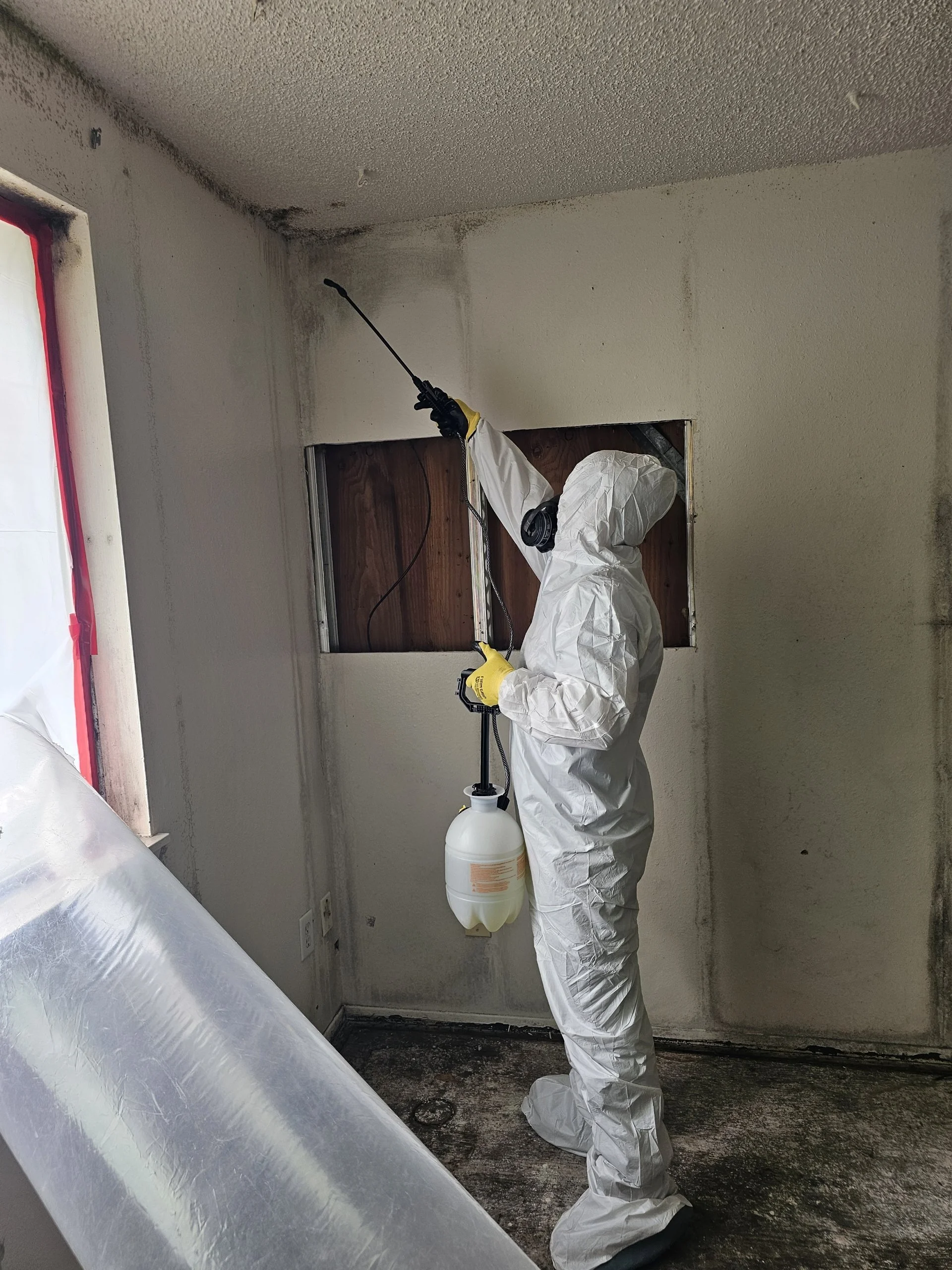 Person in protective gear spraying disinfectant on the wall inside a building.