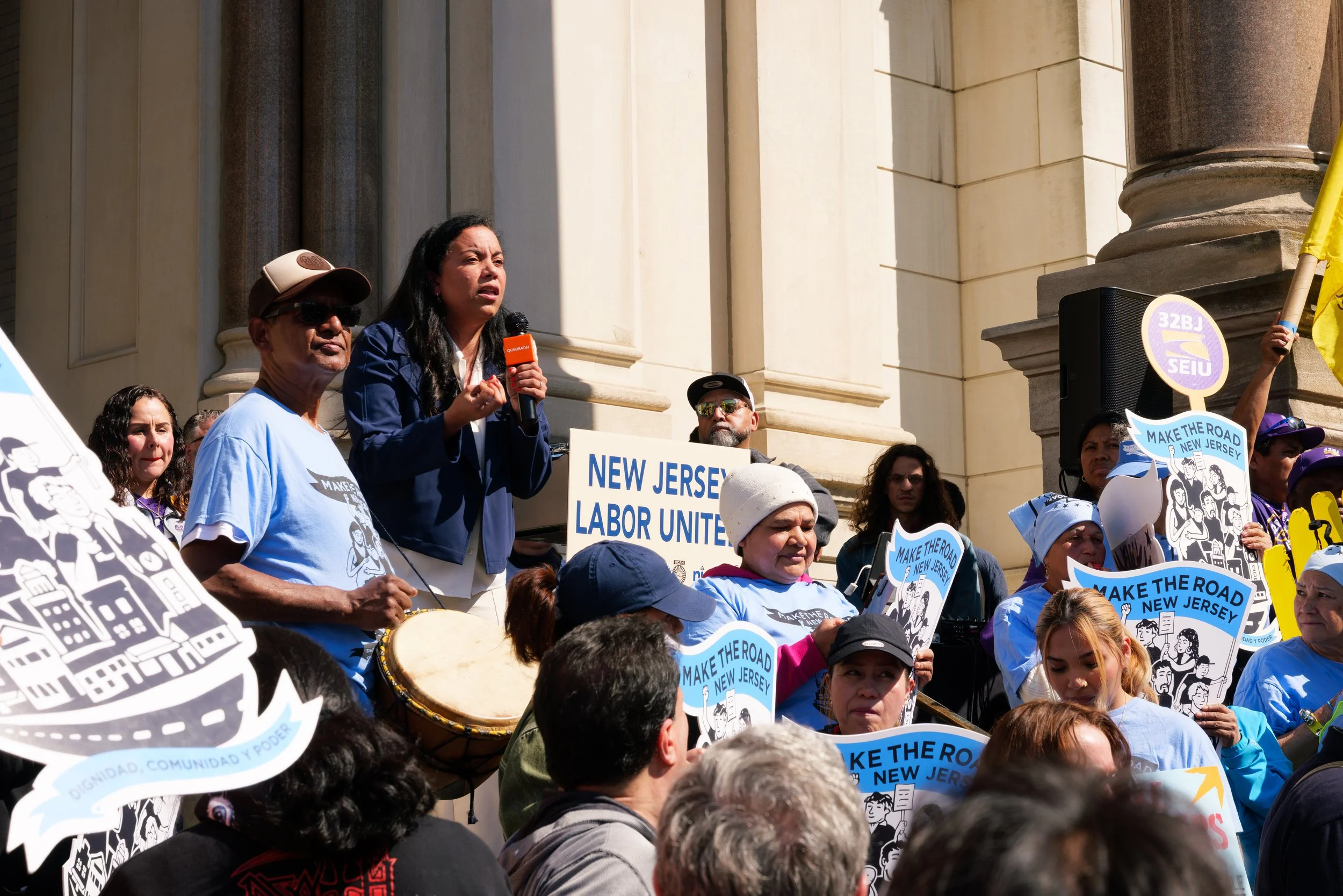 Analilia Mejia addresses a group of marchers on May Day 2026 in downtown Jersey city in front of City Hall