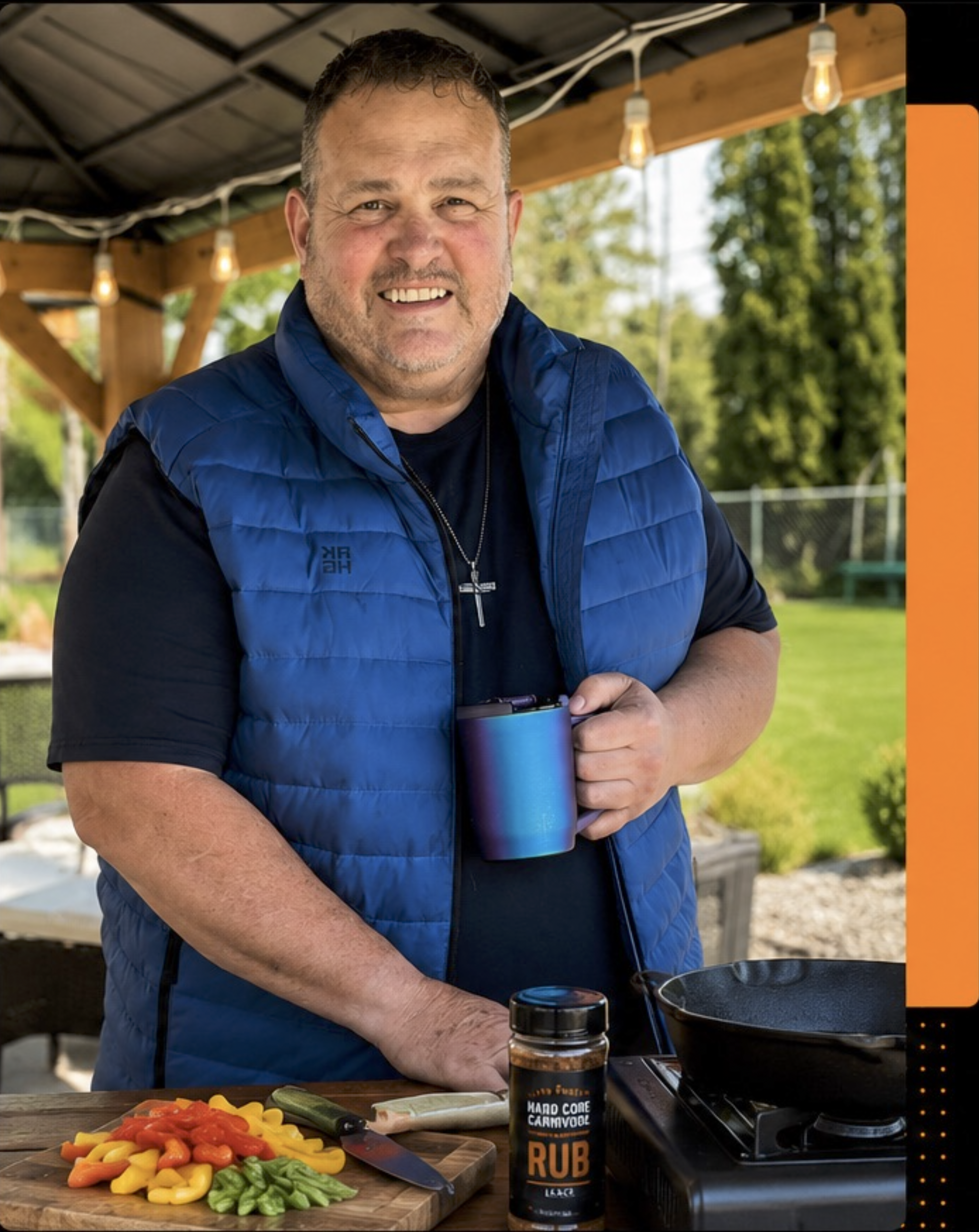 A man smiling in a blue vest stands outdoors under a covered area with string lights, preparing food on a table with chopped vegetables. A cutting board, knife, spice jar labeled 'Hand Core Carnivore Rub,' and a frying pan are also visible on the table.