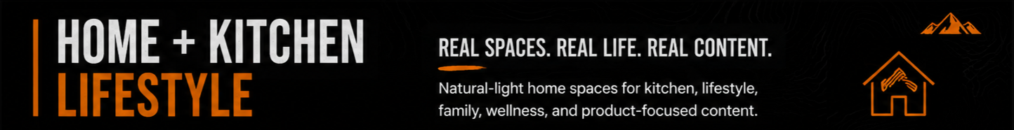 Banner promoting home and kitchen lifestyle content with icons of mountain and house, emphasis on real spaces and content.