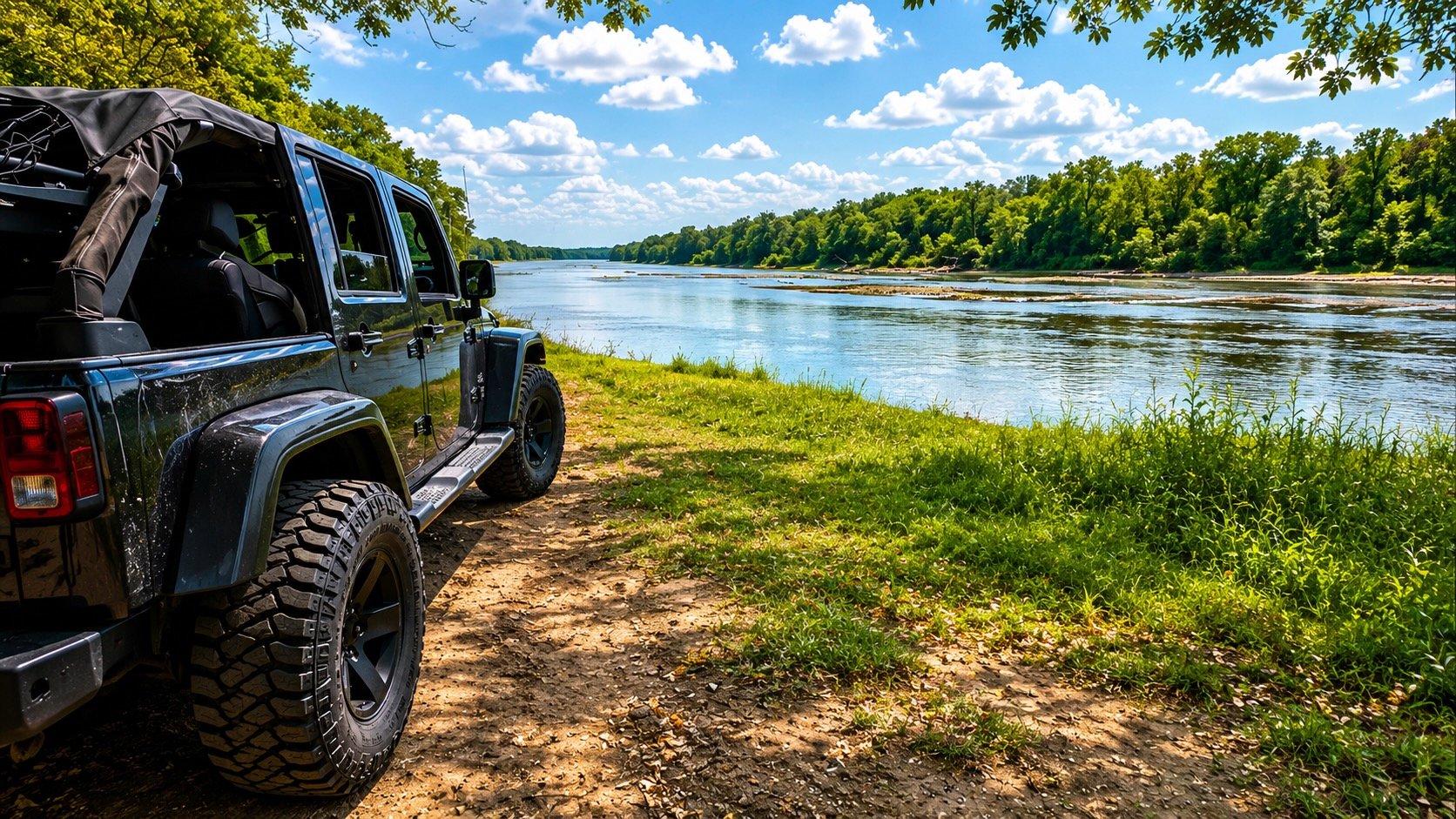 A black Jeep parked on a grassy riverbank under a partly cloudy sky, with a river flowing past and trees on the opposite bank.