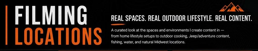 Banner for Filming Locations promoting real outdoor spaces and content, featuring text about creating content in natural Midwest environments.
