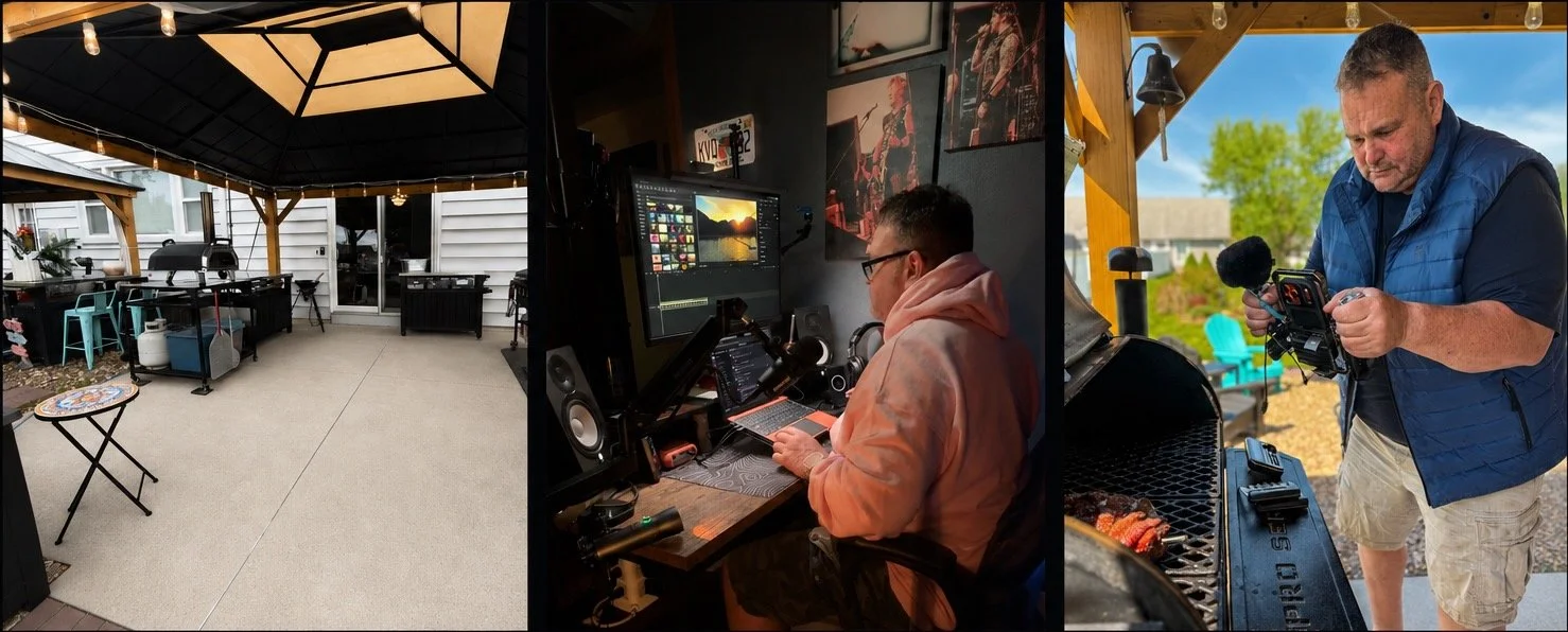 A three-part collage showing a backyard patio, a person working on a computer and editing videos, and a man grilling outdoors.