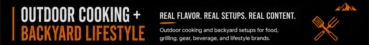 Banner advertisement for outdoor cooking and backyard lifestyle, emphasizing real flavor, setups, and content with icons of a fork and spatula crossed.