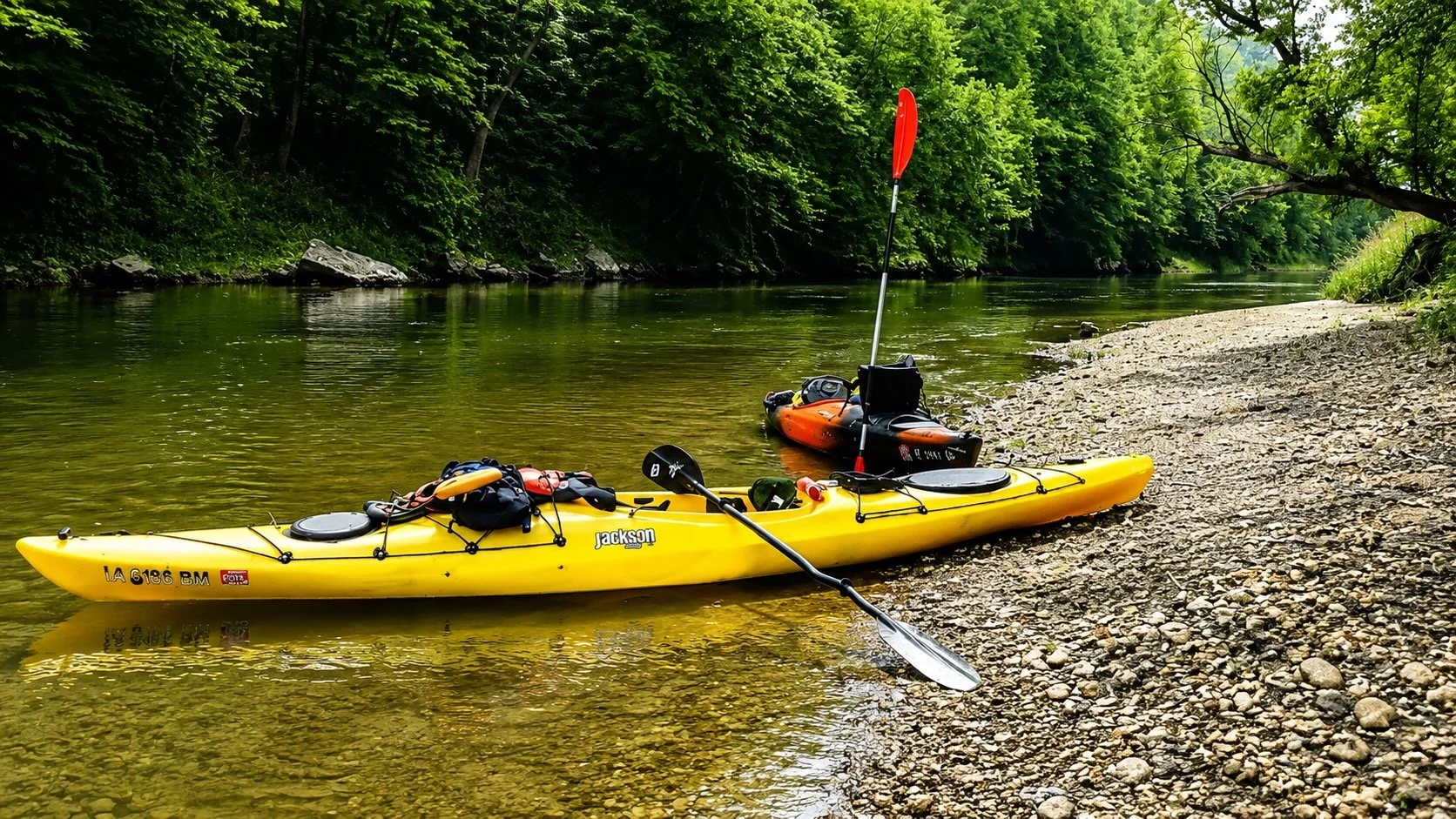 A yellow kayak and a smaller orange kayak with gear on a rocky riverbank surrounded by green trees.