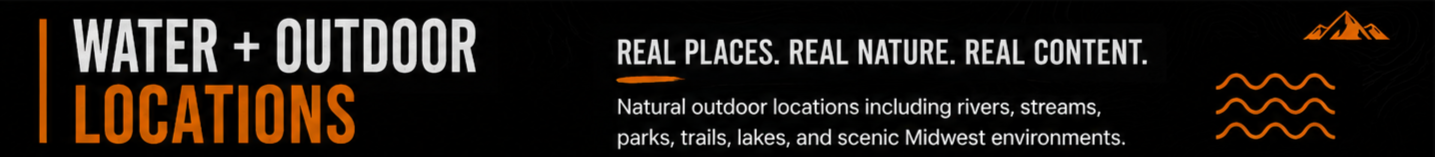 Banner promoting water and outdoor locations with the phrases "Water + Outdoor Locations" and "Real Places. Real Nature. Real Content." includes examples of natural outdoor settings like rivers, streams, parks, trails, lakes, and Midwest environments.