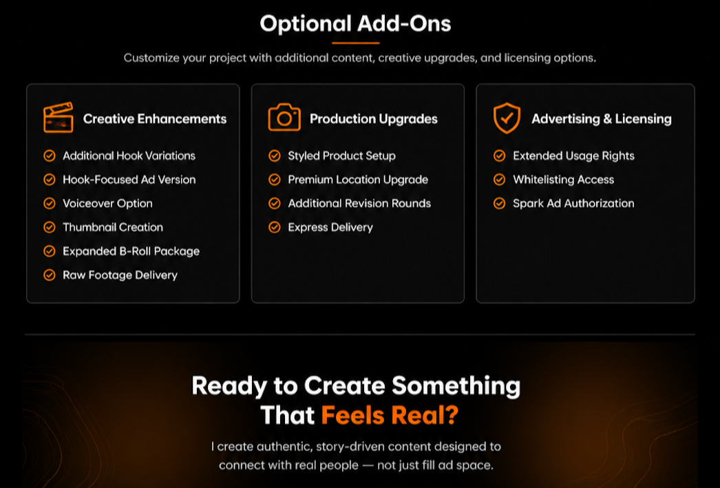 A digital marketing or content creation service webpage featuring options for optional add-ons such as creative enhancements, production upgrades, and advertising & licensing. The page emphasizes creating authentic, story-driven content that feels real.