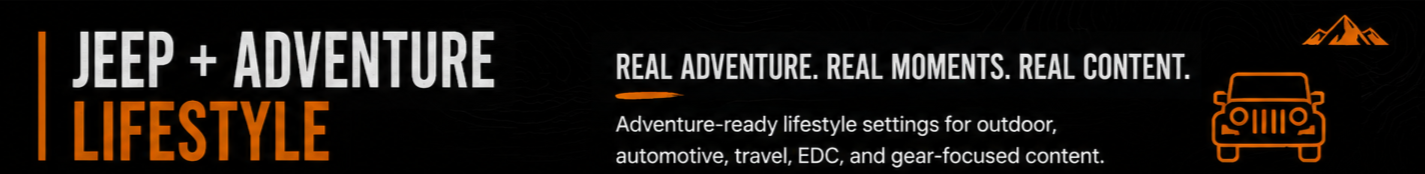 Jeep and adventure lifestyle banner with outdoor and automotive themes, featuring text and a Jeep icon in orange on a black background.